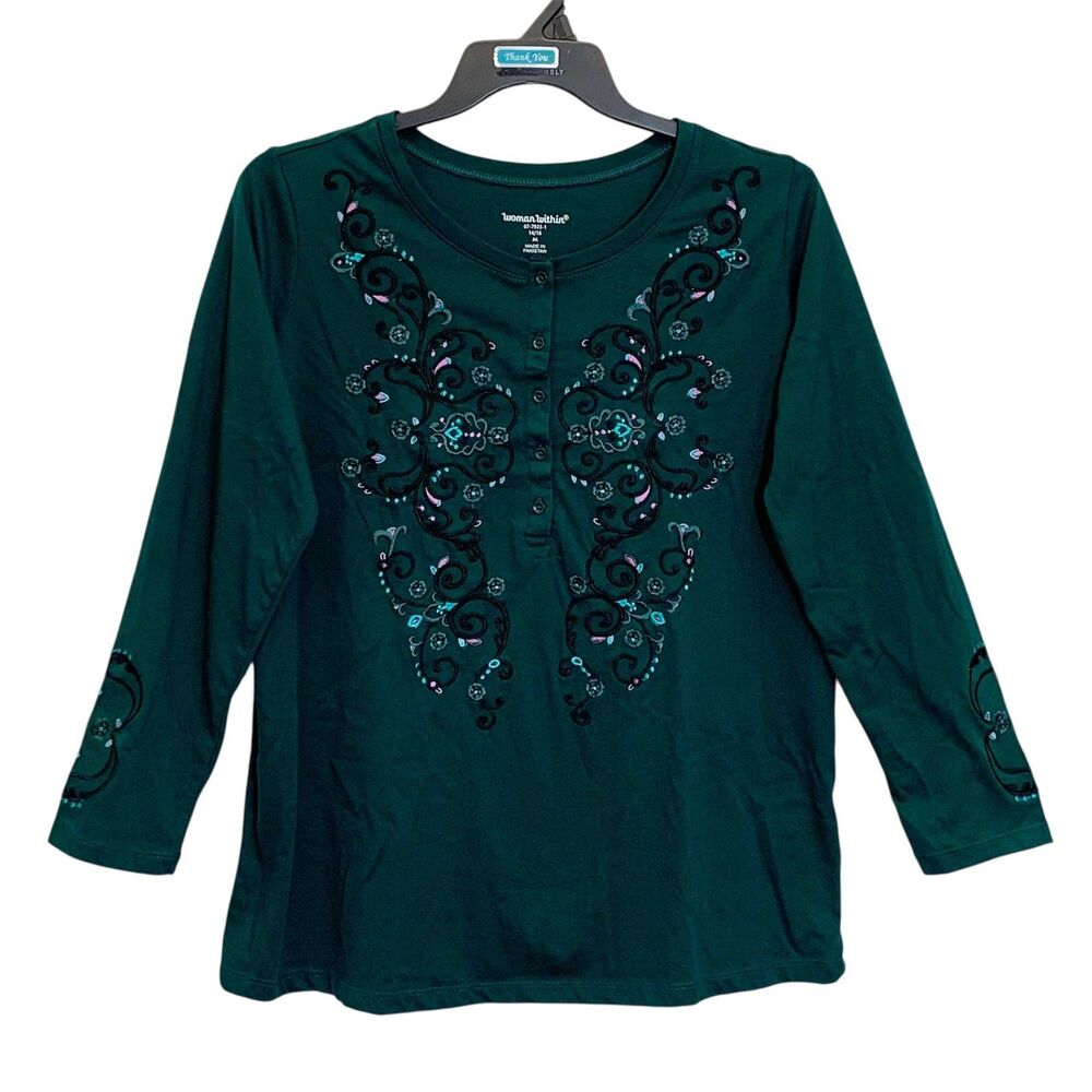 Woman Within Knit Top Womens Size 14/16 Dark Green Long Sleeve Floral Embroidery